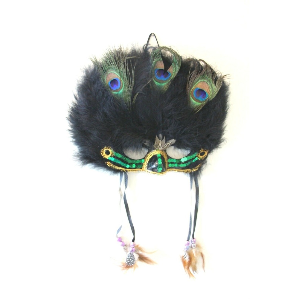 OTC Mardis Gras Venetian Peacock Feather Mask Black Green Blue Masquerade Party